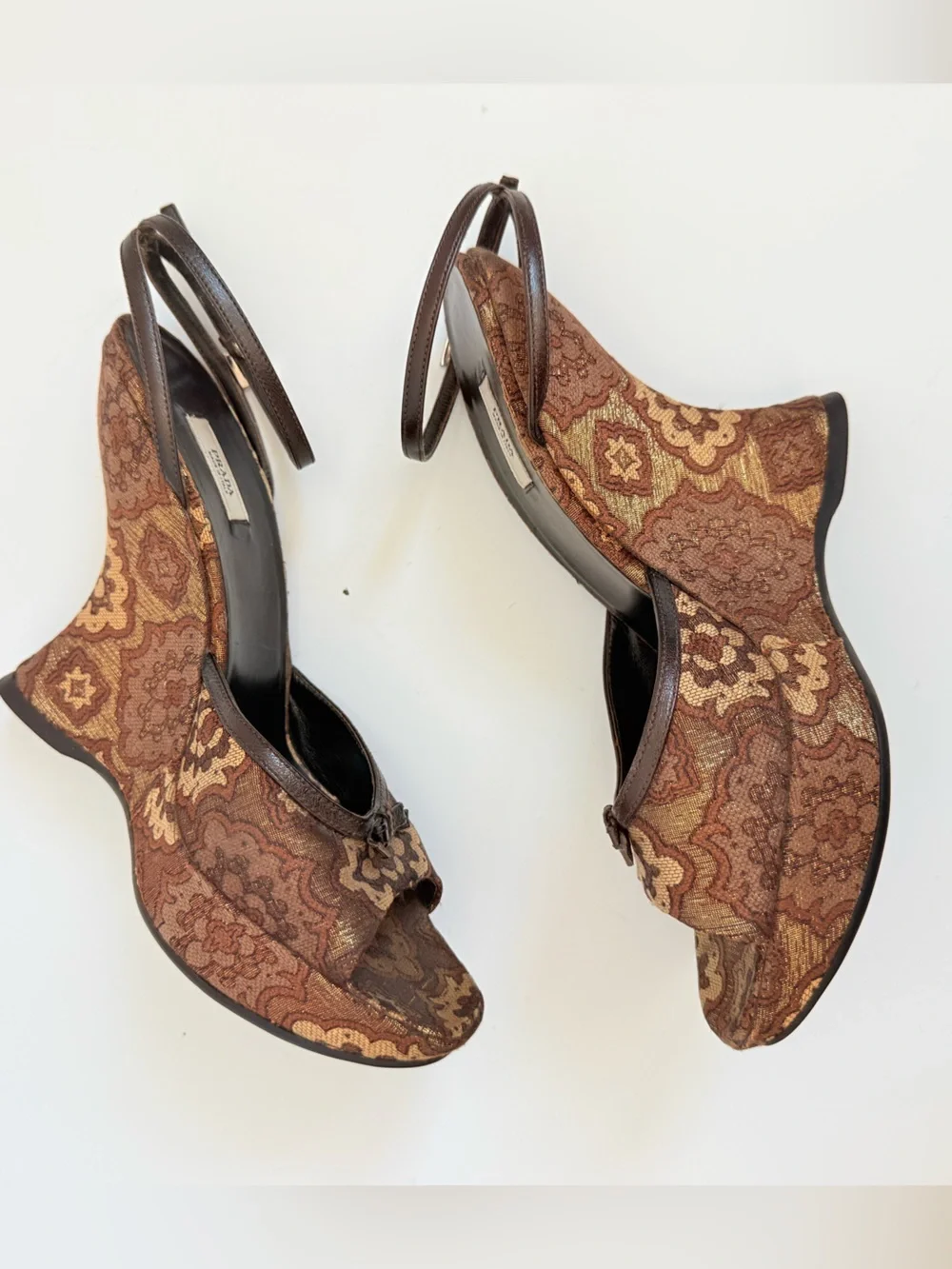 Prada Y2K Brocade Tapestry Wedge Sandals Brown Gold Jacquard Platform Heels 38
